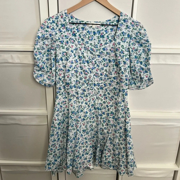 LoveShackFancy Cora Blue Floral Short Sleeve Mini Dress - Picture 2 of 4